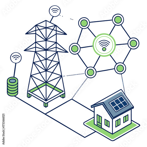 Smart grid concept with power tower and house electricity