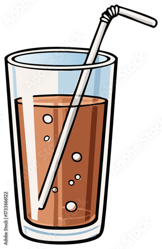 Cartoon illustration of a glass of soda or chocolate milk with a straw