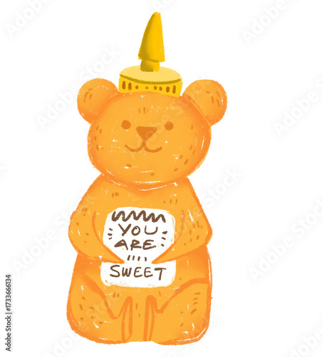 Crayon style drawing of a yellow bear honey jar.