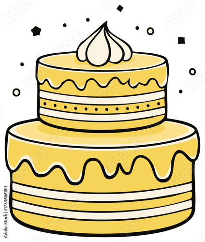 Illustration of a delectable two-tiered yellow cake topped with creamy frosting and festive confetti accents