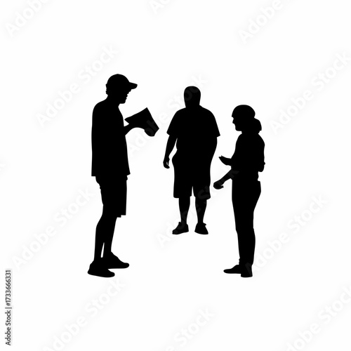Silhouette of volunteers organizing a street awareness program isolated on white background