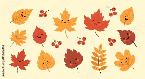 A playful collection of colorful autumn leaves with cute faces for seasonal decoration.