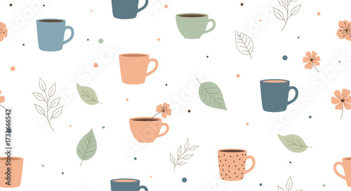 Cute seamless pattern with coffee cups and floral elements.