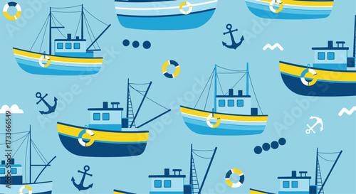 A collection of pixelated fishing boats and nautical elements floats across a light blue background.