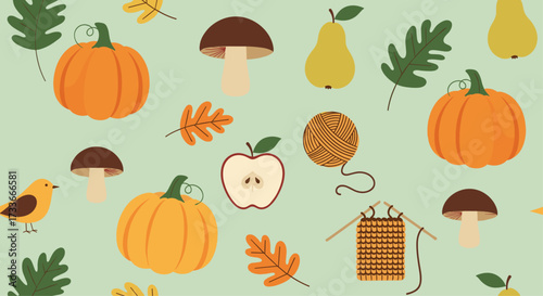 Harvest season motifs with pumpkins pears apples and mushrooms.
