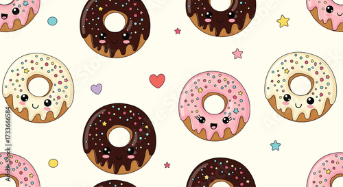 A kawaii donut pattern with cute faces and colorful sprinkles.