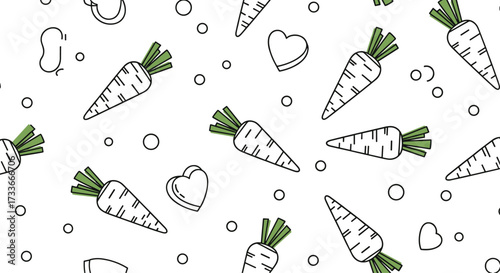 A whimsical pattern featuring hand-drawn carrots and hearts.