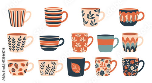 A collection of ceramic mugs with various decorative patterns and designs.