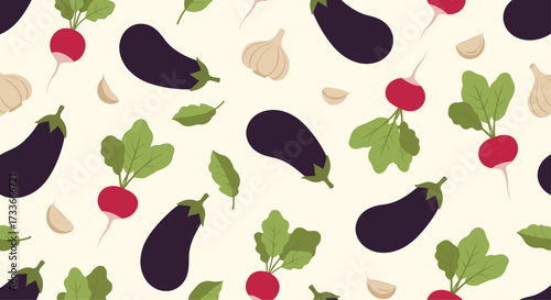 A delightful pattern of fresh eggplant radishes and garlic.