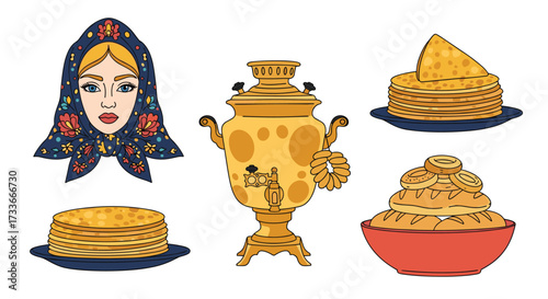 Traditional Russian cultural elements featuring a woman in a headscarf and a samovar surrounded by stacks of pancakes.