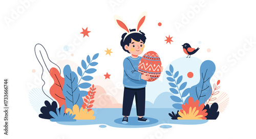 A young boy celebrates Easter holding a decorated egg.