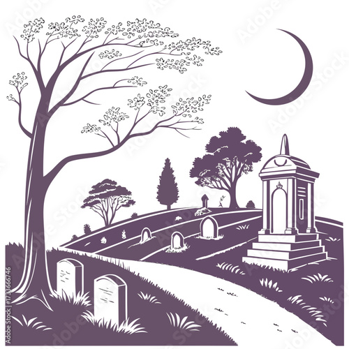 Spooky cemetery landscape with crescent moon and bare tree
