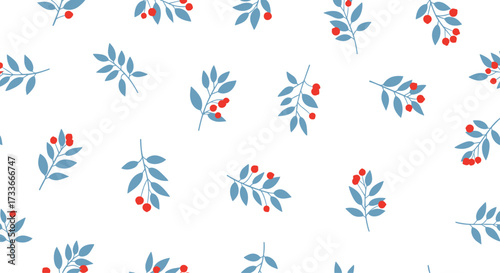 A delicate pattern of red berries and blue leaves on a white background.