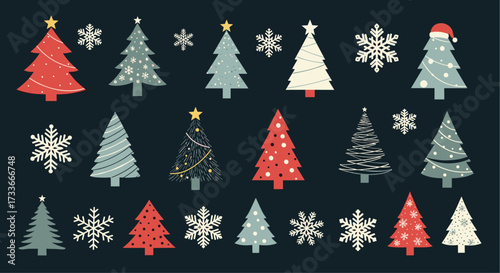 A collection of pixel art christmas trees and snowflakes.