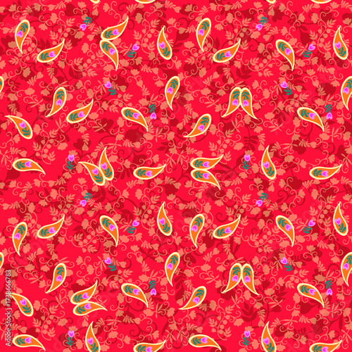 Festive seamless print for scarf, dress, fabric with intricate floral pattern, berries, leaves, paisley on shining scarlet background in vector. Indian, Chinese motifs.
