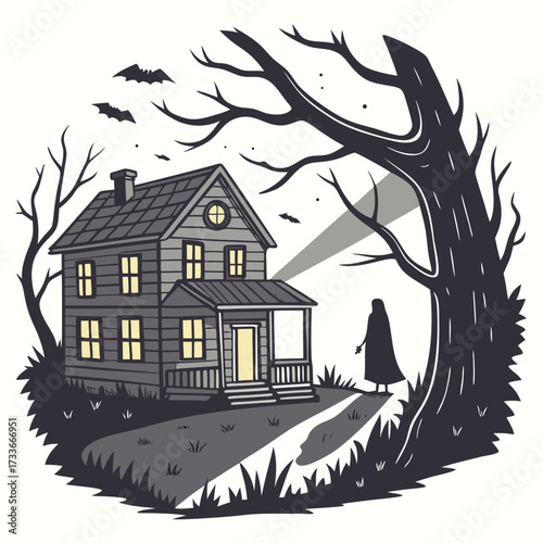 Spooky house with a cloaked figure and bats halloween