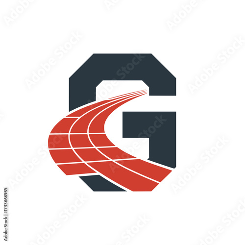 Letter G logo with racing track design, Bold letter G logo featuring a dynamic red racing track, symbolizing speed, progress, energy, transportation, and modern motion in a creative design concept.

