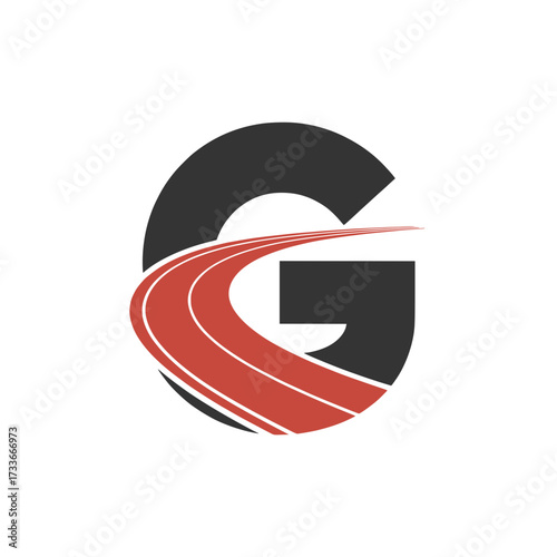 Letter G logo with racing track design, Bold letter G logo featuring a dynamic red racing track, symbolizing speed, progress, energy, transportation, and modern motion in a creative design concept.

