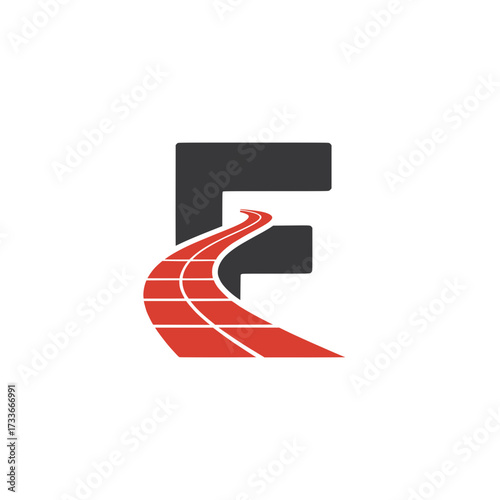 Letter F logo with racing track design, Modern letter F logo blended with a dynamic red racing track, representing speed, motion, progress, transportation, and energy in a sleek and creative design.

