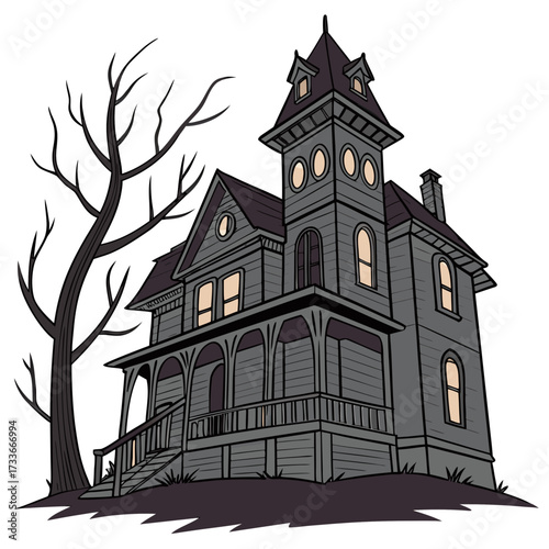 Spooky Victorian House with Lit Windows and Tree Keywords: haunted house, mansion, victorian