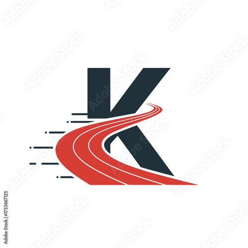 Letter K logo with racing track design, Creative letter K logo featuring a bold red racing track sweeping across the letter, symbolizing speed, motion, energy, and modern innovation in transport or b
