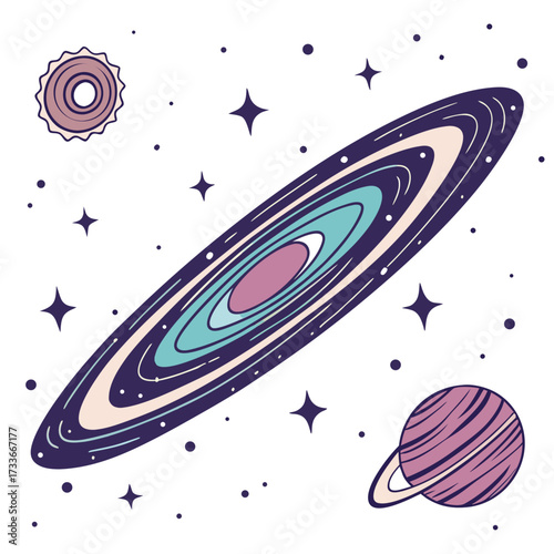 Stylized galaxy, planet, and sun in space stars