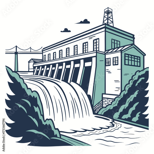 Stylized Hydroelectric Power Station with Waterfall and Bridge Keywords: hydroelectric power