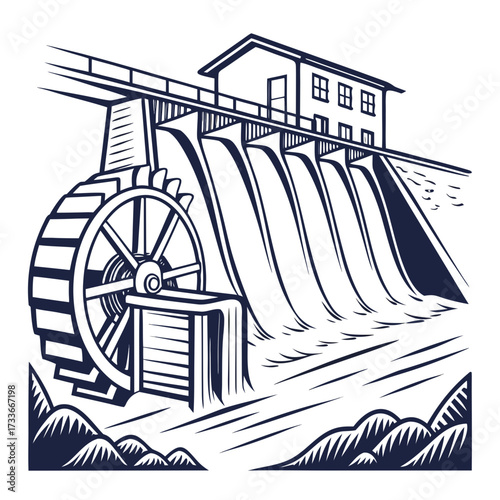 Stylized Hydroelectric Dam with Water Wheel and Mountains