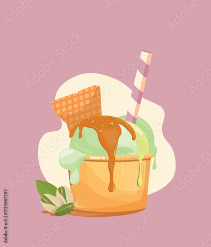 Pistachio ice cream in a paper cup with nuts and botanical decor — creamy green dessert in eco-friendly packaging, perfect for advertising, menus, packaging design, and social media visuals