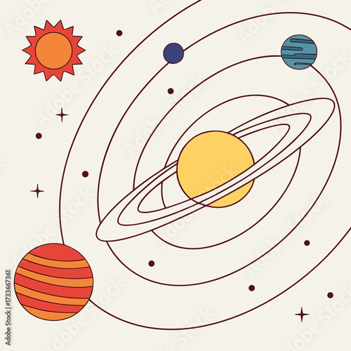 Stylized solar system with sun planets and orbits on cream background