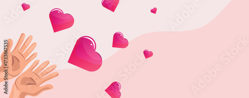 Charity illustration, hands share hearts, kindness, care, volunteering, giving love, soft pink vector background.