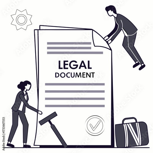 Team working on legal document with briefcase and stamp