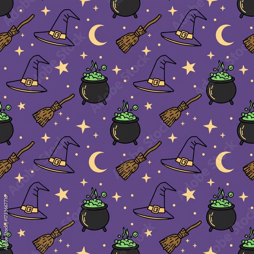 Magic Potion, Witch Broom, Moon and Stars Halloween Seamless Pattern
