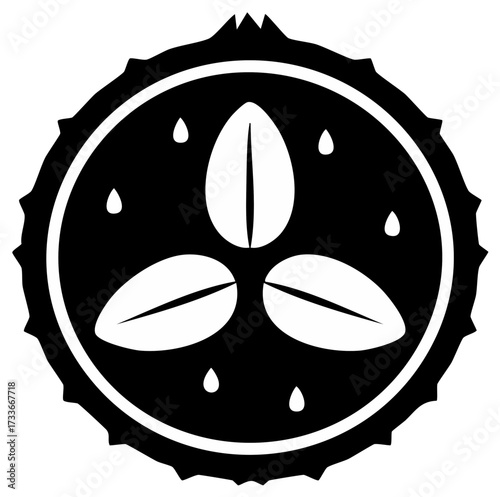Craft beverage logo concept with grain or bean symbol on a bottle cap icon