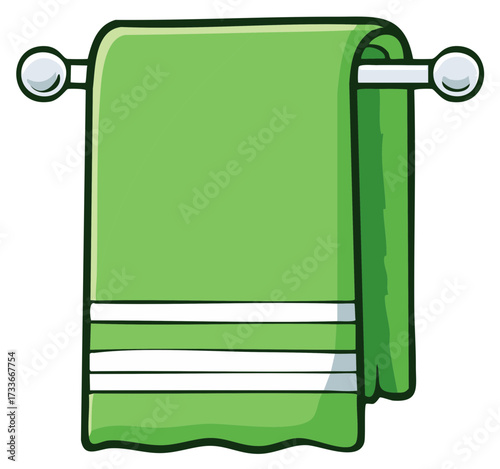 Vibrant green towel with white stripes hanging on a silver rack in a cartoon illustration style