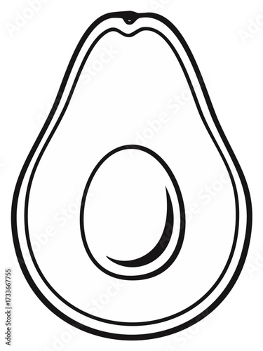 Black and white outline of a fresh avocado half and seed illustration