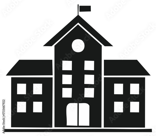 Black and white icon of a traditional school building with a flag on the roof and multiple windows