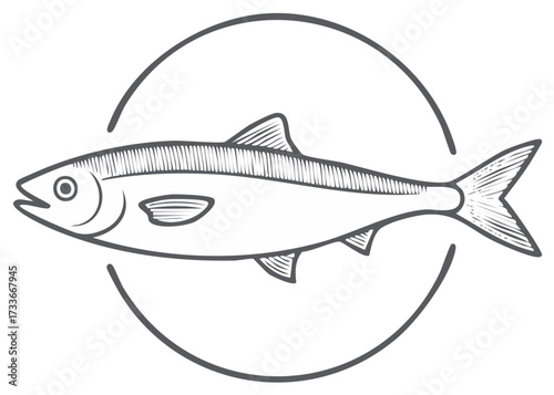 Illustration of a Fish in Circular Frame Featuring Linear Shading and Ocean Life Marine Animal Theme