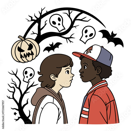Two kids facing each other with spooky Halloween elements