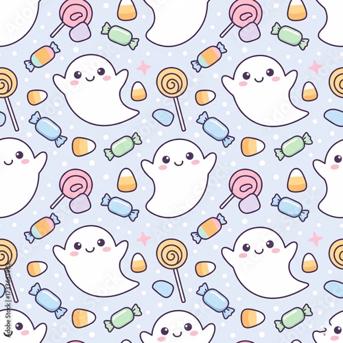 Cute Halloween Ghost and Candy Seamless Pattern Illustration
