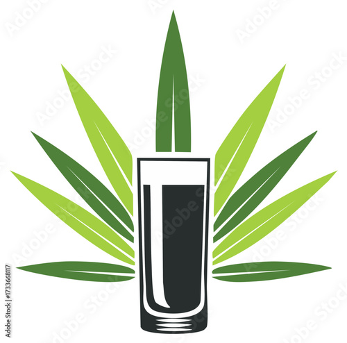 Abstract cannabis leaf and cocktail beverage in a tall glass on a white background