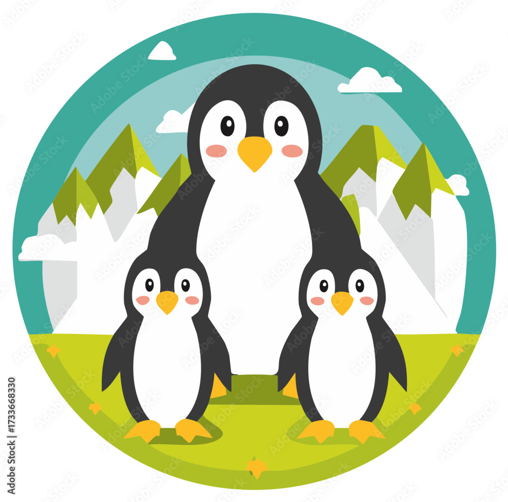 Obraz premium Penguin family illustration with mother penguin and baby penguins in cute, stylized vector cartoon landscape