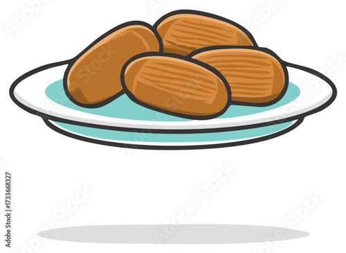 Cartoon vector illustration of a plate of dates, a sweet fruit snack for Iftar during Ramadan.
