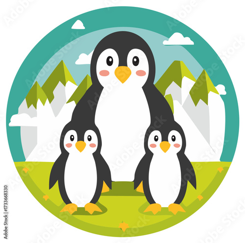 Penguin family illustration with mother penguin and baby penguins in cute, stylized vector cartoon landscape