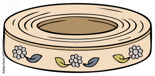 Round decorative ceramic bowl with floral details and concentric ring pattern