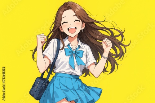Cheerful Anime Student Girl in Uniform with Long Brown Hair Celebrating on Bright Yellow Background
