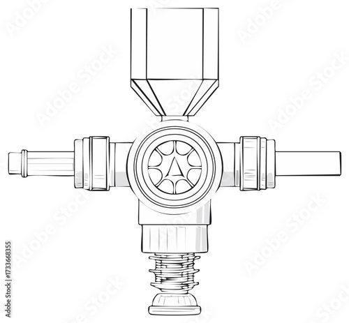 Detailed Line Art of Industrial Valve with Pipes and Intricate Circular Mechanism Design for Engineering or Plumbing Illustration