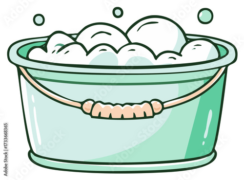 Cartoon illustration of a green bucket filled with soap suds and bubbles for washing and cleaning.