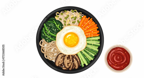 Top-down illustration of a traditional Korean Bibimbap bowl with assorted vegetables, a fried egg, and gochujang sauce on a white background.