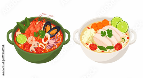 A set of traditional Thai soups, featuring a spicy seafood Tom Yum and a creamy chicken noodle soup as vector illustrations.